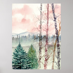 Pôster pintura da árvore de vidoeiro da paisagem