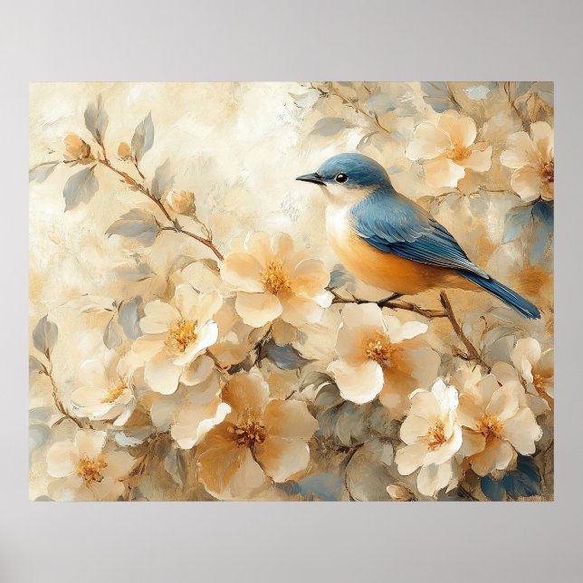 Poster Pintura da Árvore Florindo com Pássaro Azul (Frente)