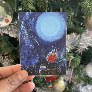 Poster Pintura da Lua e Estrelas Azul Naval de Arte Fino 