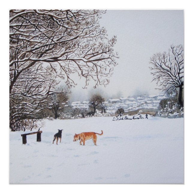 Pôster pintura da paisagem da neve com cães (Frente)