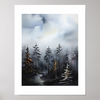 Poster Pintura da Vista das Árvores da Floresta Nebulosa