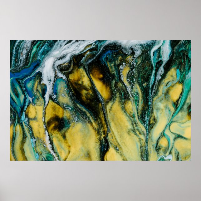Poster Pintura de abstrato amarelo, branco e azul (Frente)