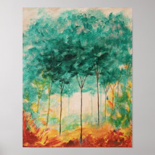 Pôster pintura de abstrato Art Paisagem Árvores, Teal, D