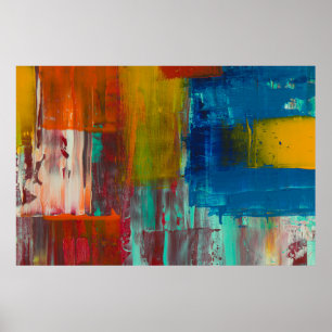 POSTER PINTURA DE ABSTRATO BRANCO E AZUL AMARELO VERMELHO