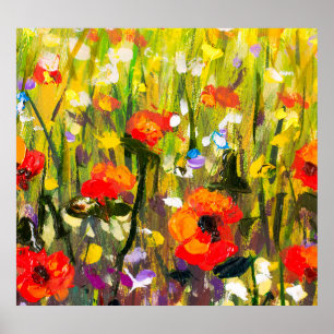 Poster Pintura de Abstrato de Campo de Poppies Vermelhos