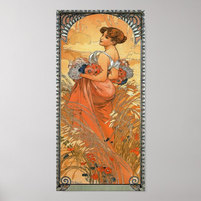 Poster Pintura de Alphonse Mucha - Flores Seguradoras (Frente)