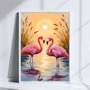 Poster Pintura de Animais do Pôr do Sol de Flamingos Rosa