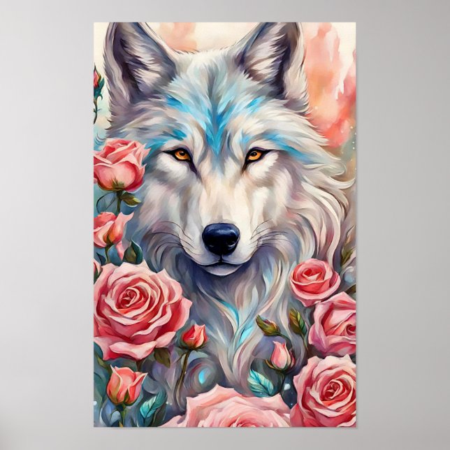 Poster pintura de animais selvagens de rosas rosa-cabeça- (Frente)