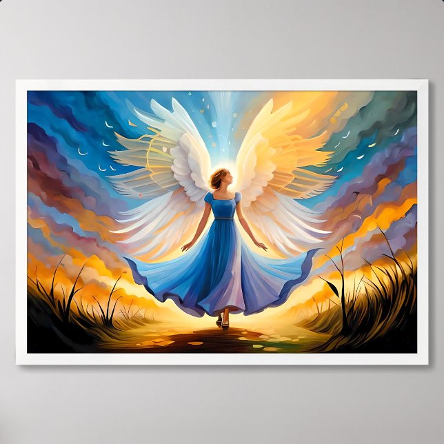 Poster pintura de anjo de menina azul pronta para decolar (blue girl angel painting ready take off with wind)