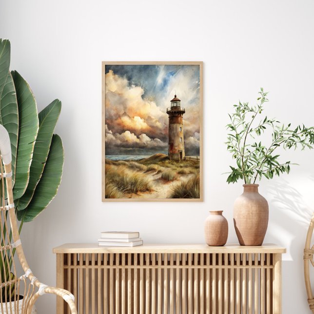 Poster Pintura de Aquarela Costeira de Farol (Lighthouse and stormy skies 16"x20" poster)