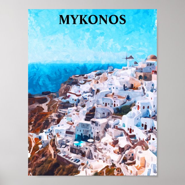 Poster Pintura de Aquarela de Grécia Mykonos (Frente)