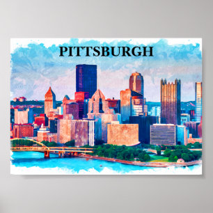 Poster Pintura de Aquarela em Pittsburgh Cityscape