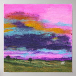 Pôster Pintura de Arte Paisagístico, Pôr do Sol Rosa, Cas
