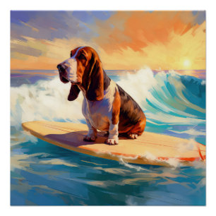 Pôster Pintura de Basset Hound Surfando na Praia
