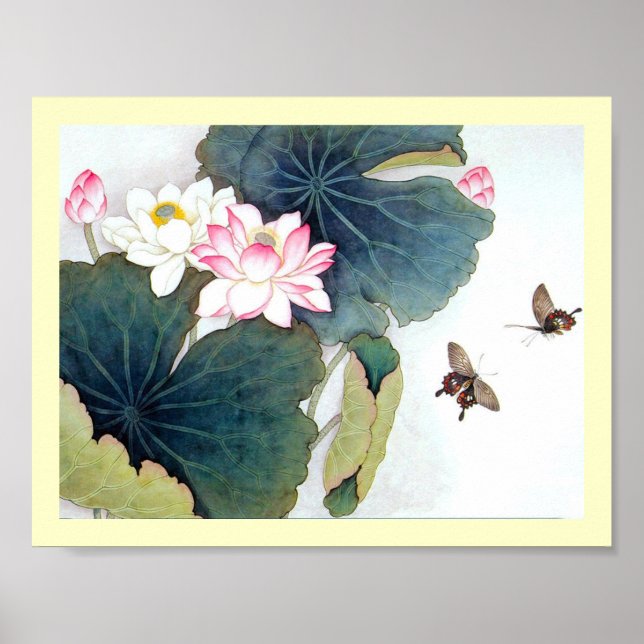 Poster pintura de borboleta rosa de folha de lótus chines (Frente)