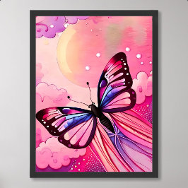 Poster pintura de borboleta voa para o sol da tarde rosa-