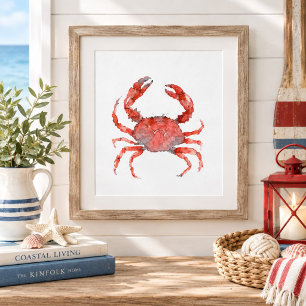 Poster Pintura de Caranguejo Vermelho em Aquarela Arte de