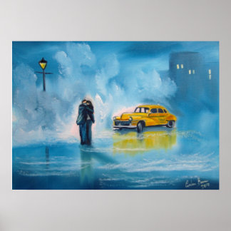 Pôster Pintura de casal romântica de táxi amarelo chuvoso