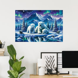 Poster Pintura de Cena Neve da Família Polar Bear