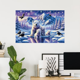 Poster Pintura de Cena Neve da Família Polar Bear