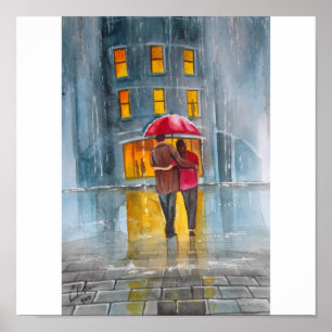 Pôster PINTURA de cena VERMELHA da rua do GUARDA-CHUVA do