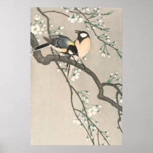 Poster Pintura de Cerejeira em Flor Vintage e Pássaro