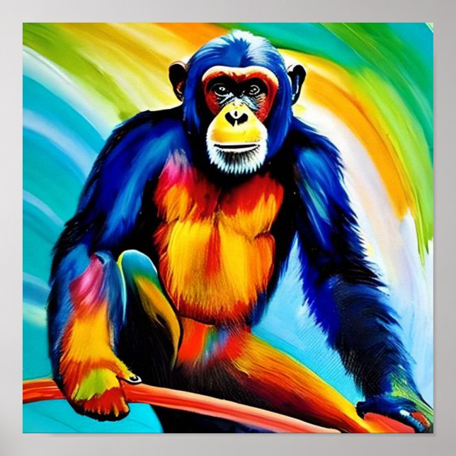 Poster Pintura de chimp | Arco-Íris Colorido Chimpanzé (Frente)
