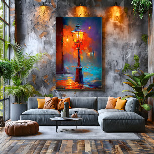 Poster Pintura de Cidade Noturna com Lampada de Rua Impre