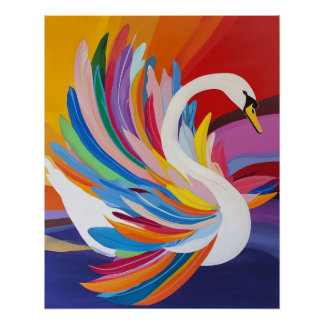 Pôster Pintura de Cisne com Penas Coloridas em Arco-íris 