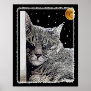 Pôster Pintura de Cochilo de Gato para Amantes de Gatos e