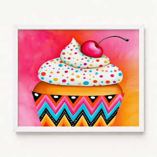 Poster Pintura de Cupcake Rosa e Laranja Feminina