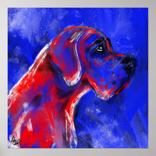 Pôster Pintura de Dogue Alemão vermelho azul