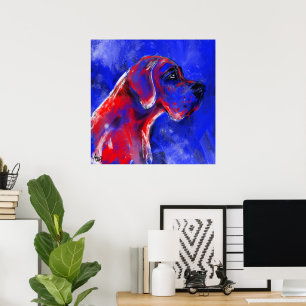 Pôster Pintura de Dogue Alemão vermelho azul