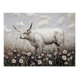 Pôster Pintura de flores silvestres cor-de-rosa-branca