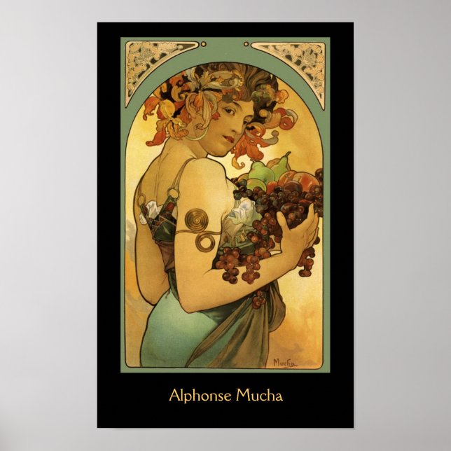 Pôster Pintura de Fruta Alphonse Mucha em preto (Frente)