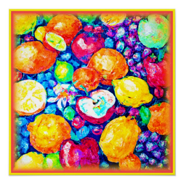 Pôster Pintura de Frutas de Uvas, Maçãs e Citros. Comprar (Frente)