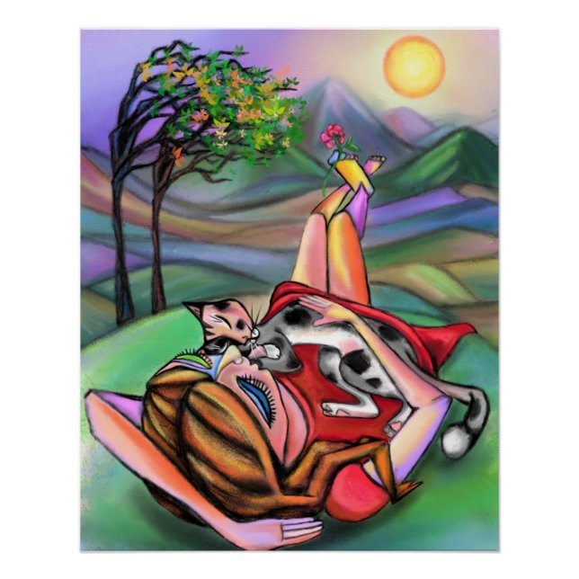 Pôster Pintura de Garota e Gato na Natureza Poster (Frente)