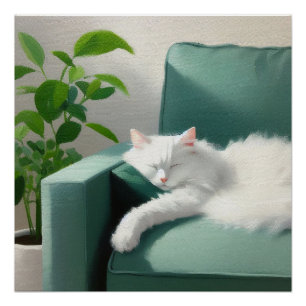 Pôster Pintura de Gato Dormindo em um Golpe Verde
