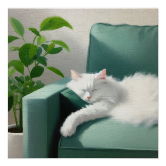 Pôster Pintura de Gato Dormindo em um Golpe Verde