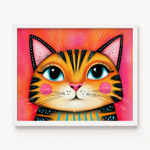 Poster Pintura de Gato Malhado Feminino Rosa e Laranja