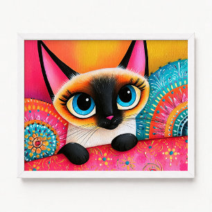 Poster Pintura de Gato Siamês Rosa e Laranja Cute Peek