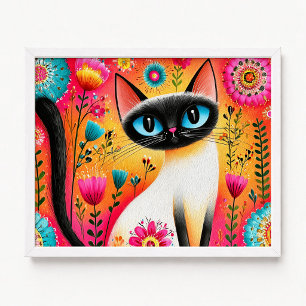 Poster Pintura de Gato Siamês Rosa e Laranja Floral
