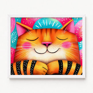 Poster Pintura de Gato Tabby Sonolento Rosa e Laranja