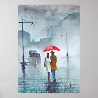 Pintura de guarda-chuva vermelha do casal romântic