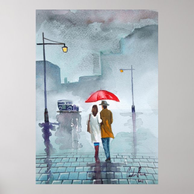 Pôster Pintura de guarda-chuva vermelha do casal romântic (Frente)