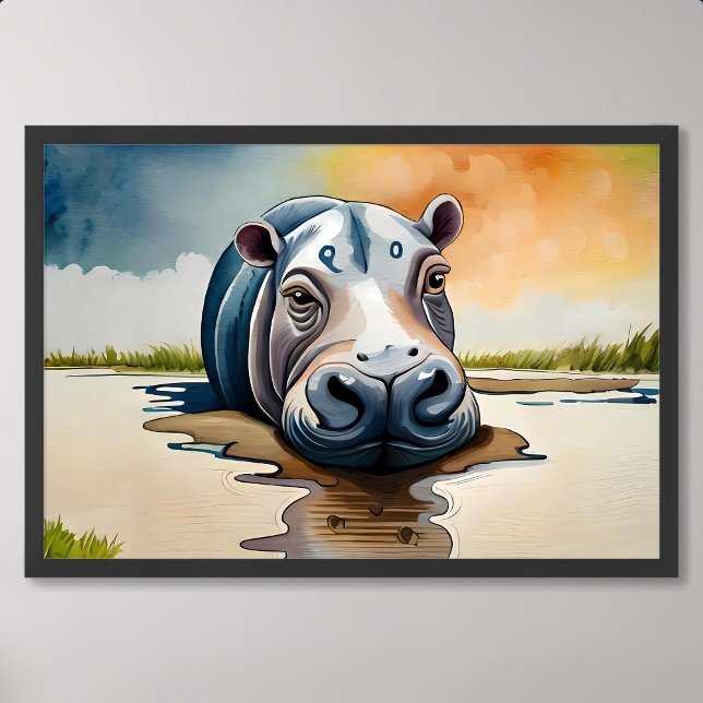 Poster pintura de hipopótamo encharcando na lama (painting of hippopotamus soaking in the mud lazily)