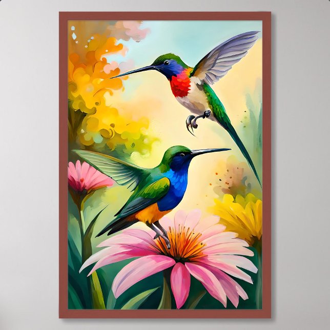 Poster Pintura De Hummingbird: Dança De Casal Entre Flore (Hummingbird Painting: Couple Dancing Among Flowers)