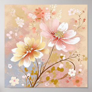 Poster Pintura de lindas flores rosa e amarelas
