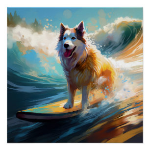 Pôster Pintura de Malamute do Alasca Surfando na Praia