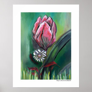 Poster Pintura de Margarida Branca e Flor Rosa Decoração 